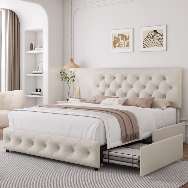 Platform Bed, Cream Button-Tufted with Storage Drawers