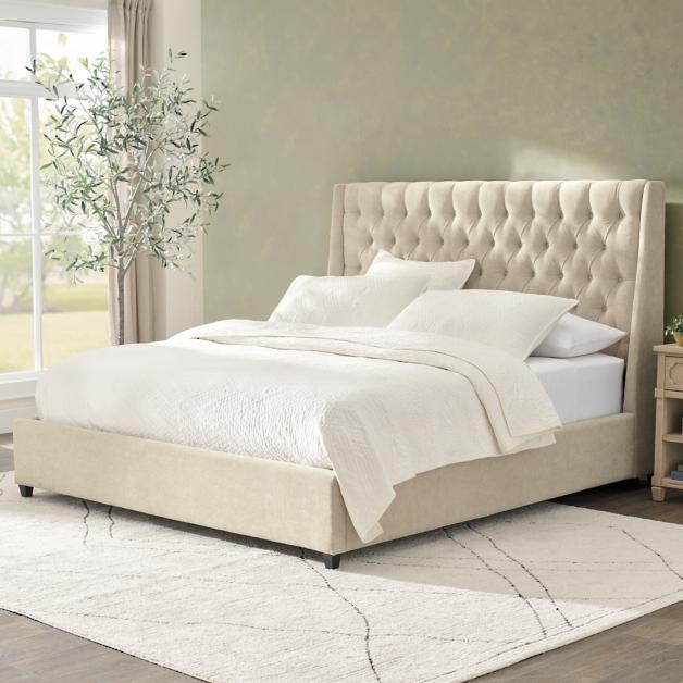 Platform Bed Cream Linen-Like Tall Wingback Diamond Tufted
