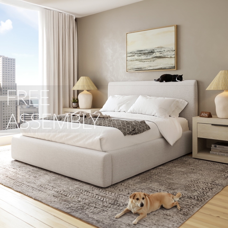 Platform Bed Cream Tall Headboard Low Profile Modern Upholstered Bed