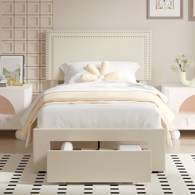 Platform Bed Cream Upholstered Nailhead Trim Footboard Storage Drawer