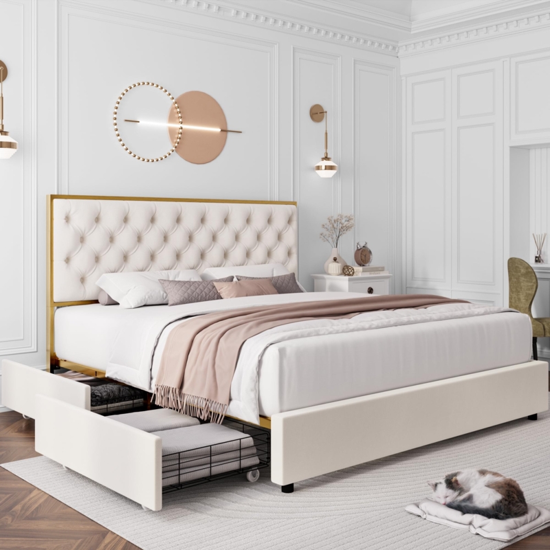Platform Bed Cream Velvet with Gold Frame and Storage Drawers