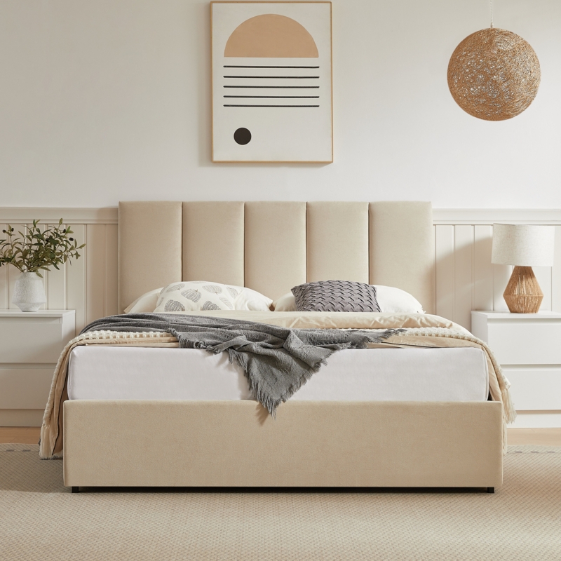 Platform Bed Cream Vertical Paneled Headboard Linen Look Modern
