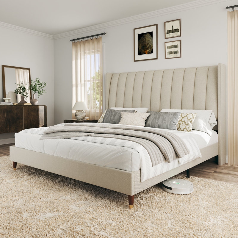 Platform Bed Cream Wingback Vertical Channel Upholstered Frame
