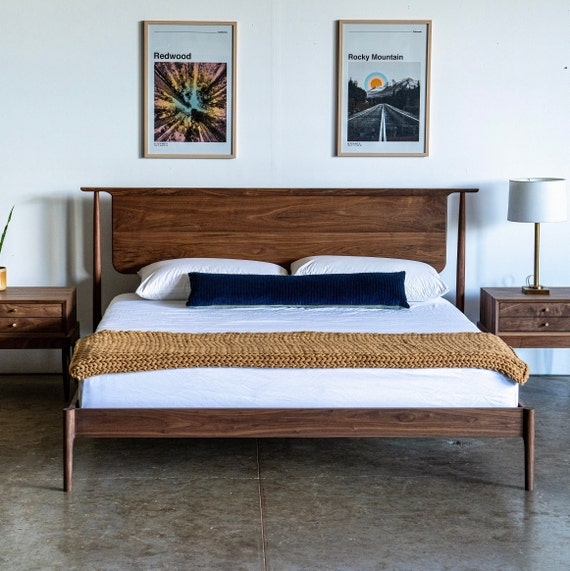 Platform Bed Curved Headboard Tapered Legs Organic Modern Design