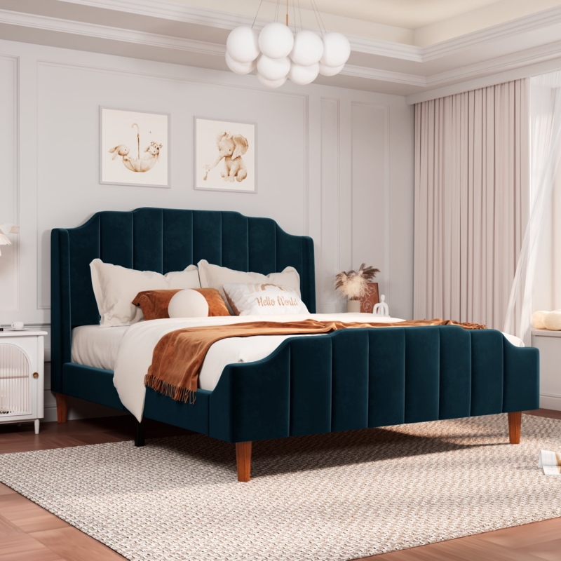 Platform Bed Curved Silhouette Vertical Channel Tufting Navy Velvet