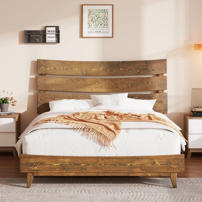 Platform Bed Curved Slatted Headboard Warm Wood Mid Century Modern