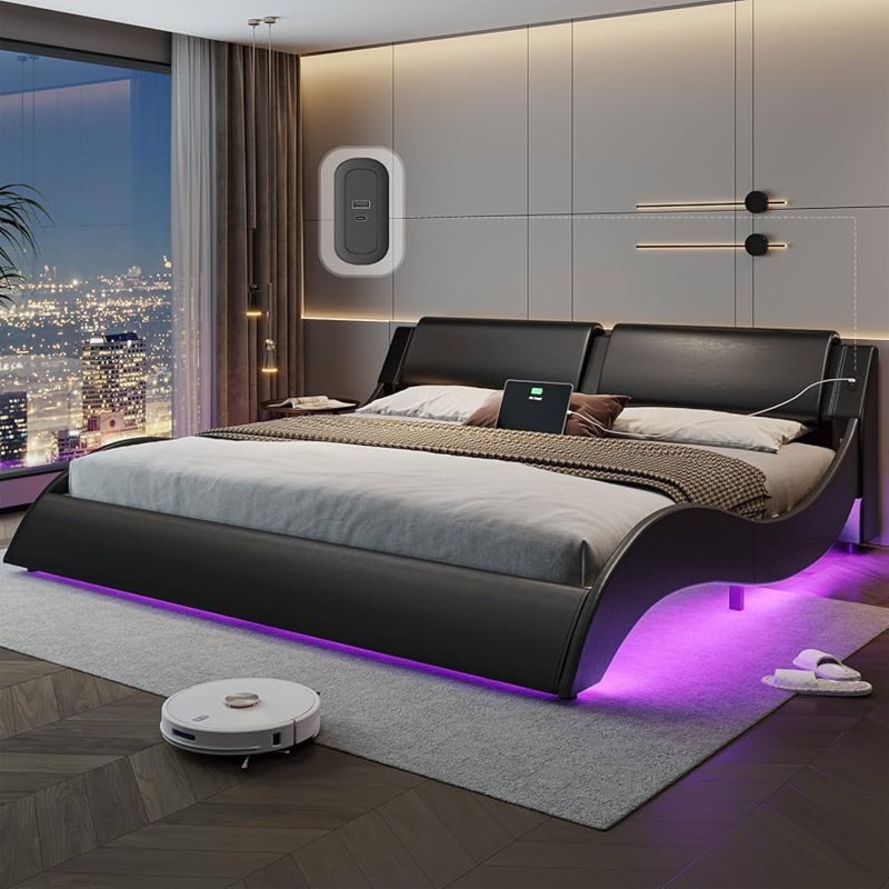 Platform Bed Curved Wave Silhouette with Purple LED Glow, Black