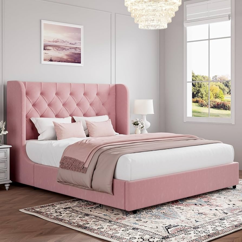 Platform Bed Curved Wingback Diamond Tufting Pink Velvet Elegant Style