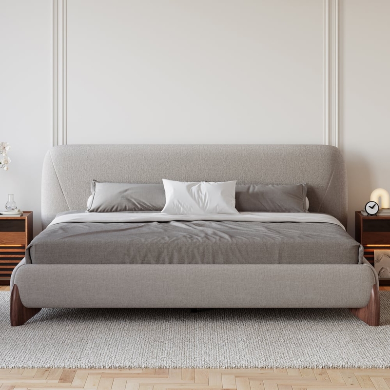 Platform Bed Curved Wraparound Headboard Walnut Toned Legs Minimalist