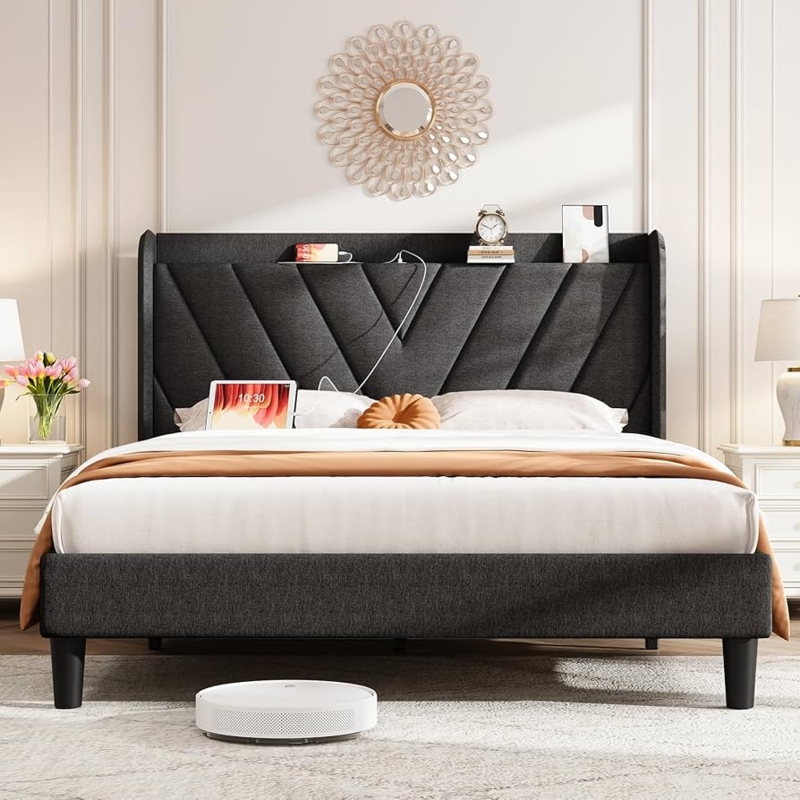 Platform Bed Dark Gray Wingback with Geometric Stitching and USB Ports