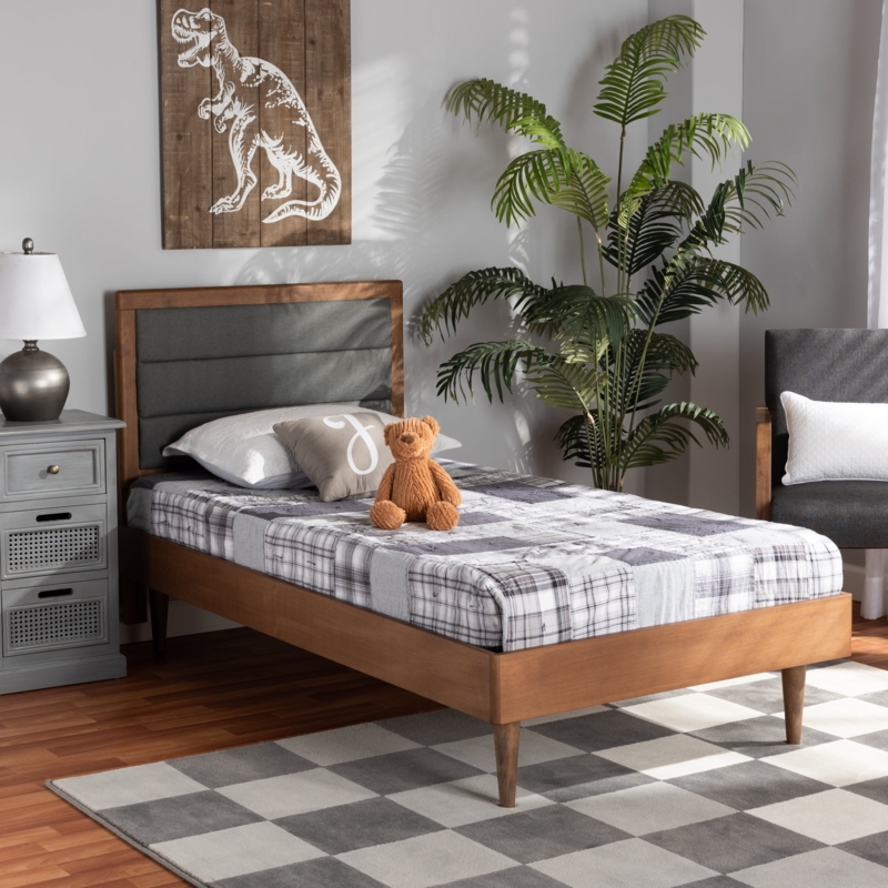 Platform Bed Dark Grey Channeled Upholstered Headboard Walnut Legs