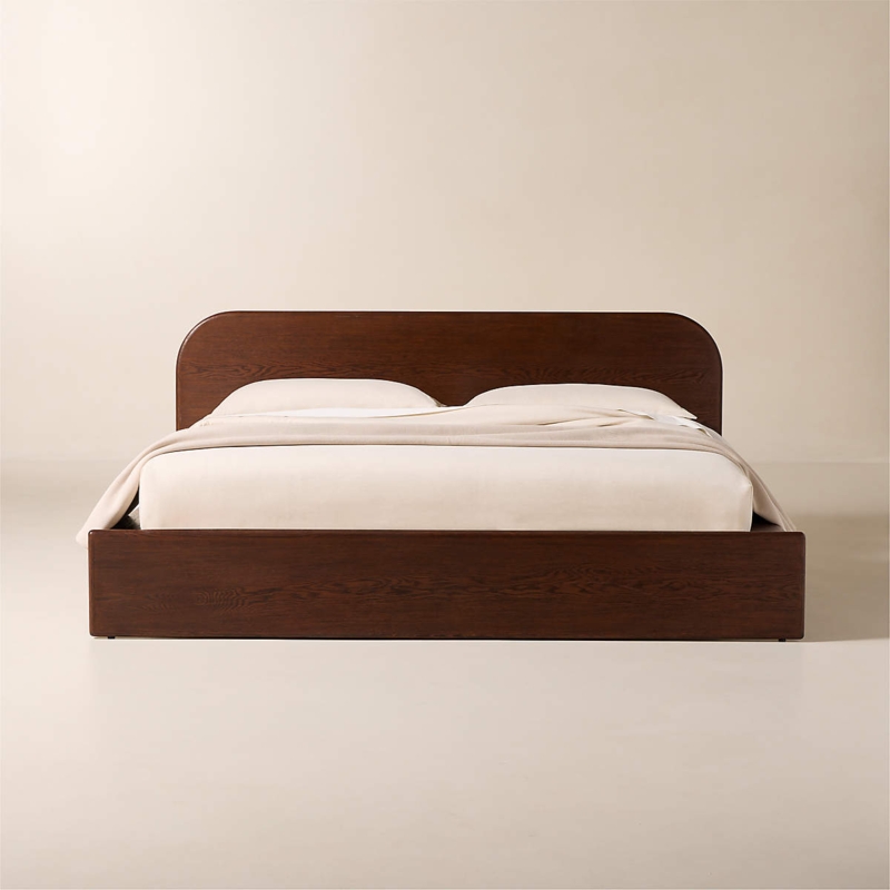 Platform Bed Dark Oak Tone Curved Headboard Low Slung Minimalist