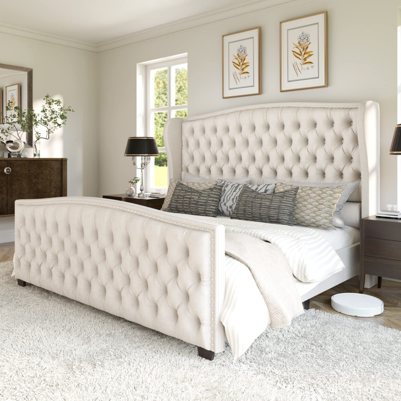 Platform Bed, Deep Button Tufted Wingback, Nailhead Trim, Cream