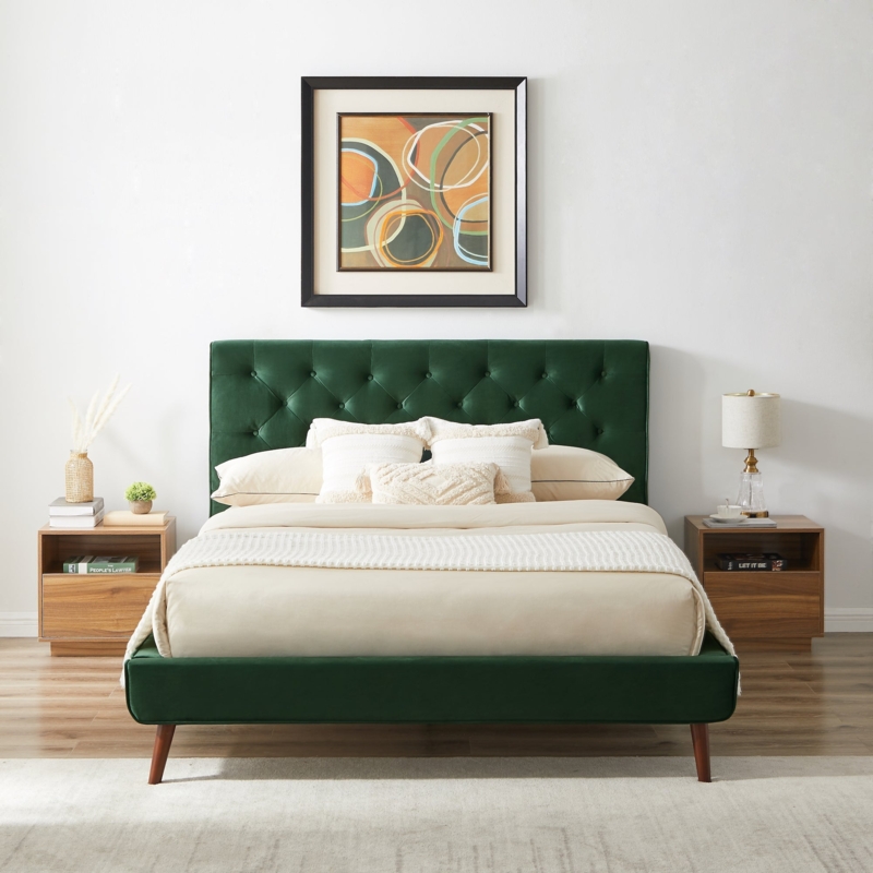 Platform Bed, Diamond Tufted Headboard, Emerald Green Velvet, Tapered Legs