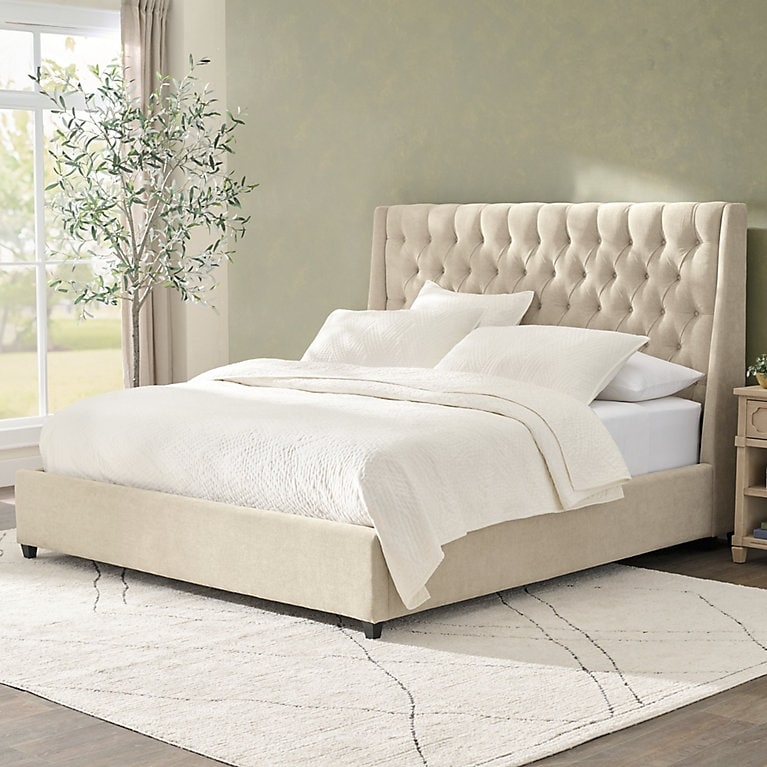 Platform Bed Diamond Tufting Beige Linen, Transitional Tufted Bed