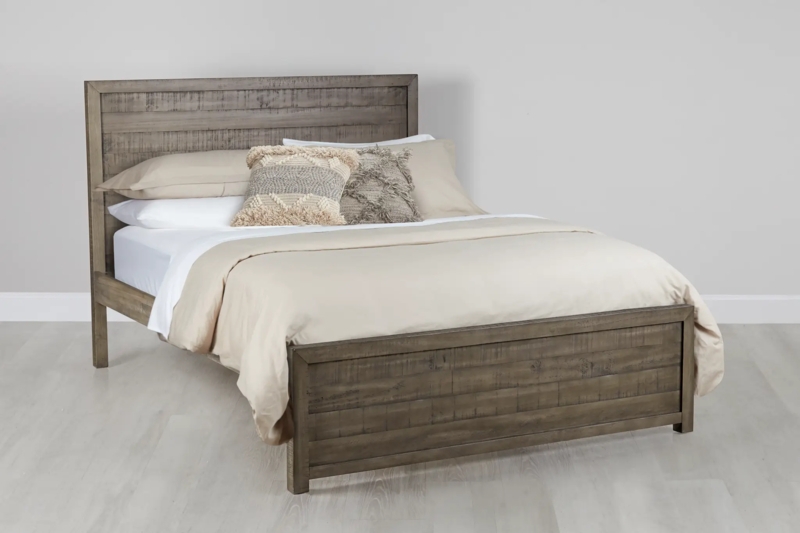 Platform Bed Distressed Wood Finish Horizontal Planked Headboard