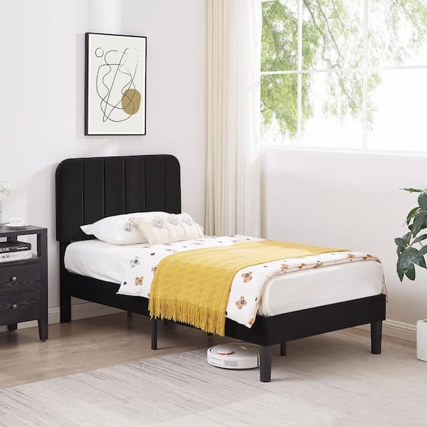 Platform Bed Fabric Twin Size Vertical Channeled Headboard