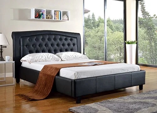 Platform Bed Faux Leather Arched Headboard Button Tufted