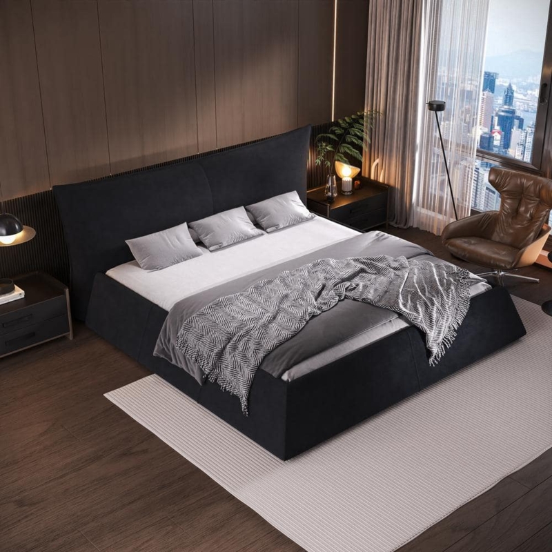 Platform Bed featuring Angled Wing Headboard in Black Velvet Upholstery