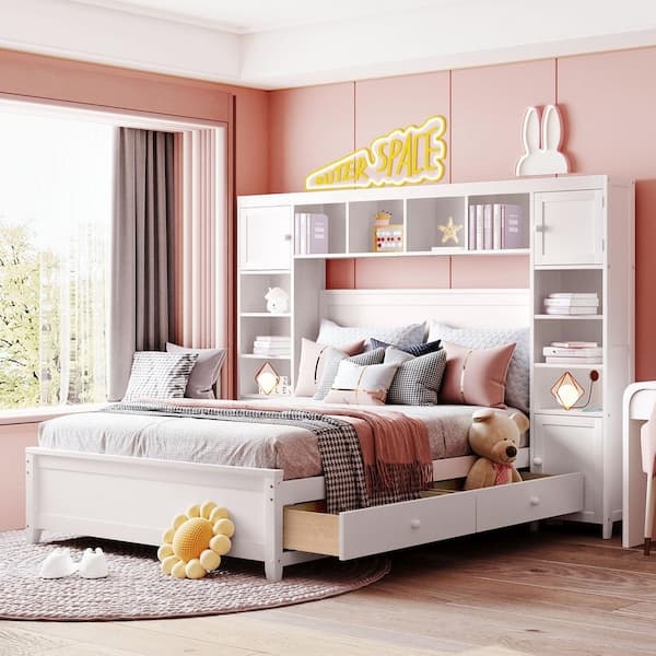 Platform Bed Featuring Bookcase Headboard and Underbed Storage