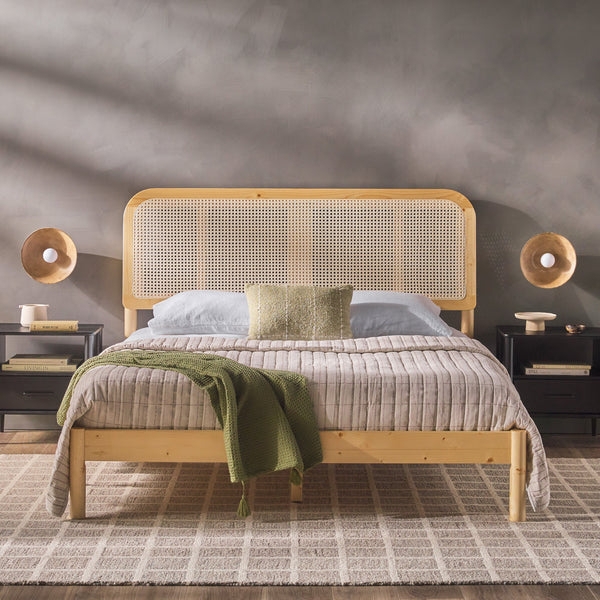 Platform Bed featuring Curved Rattan Headboard & Light Wood Frame