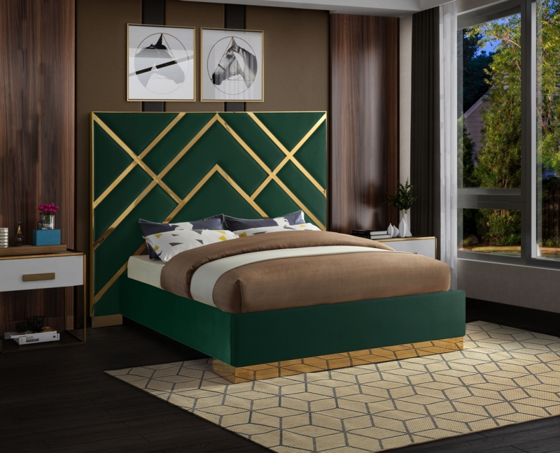 Platform Bed featuring Geometric Gold Inlay Tall Headboard Art Deco