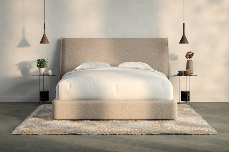 Platform Bed Felted Upholstery Wrapped Headboard Modern Beige