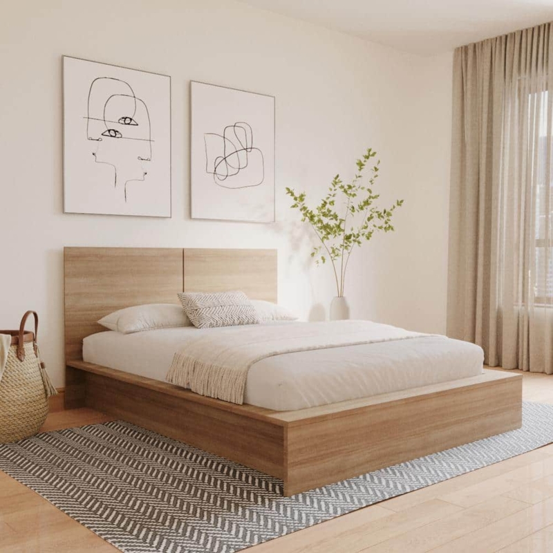 Platform Bed Flat Panel Headboard Scandi Wood Grain Finish