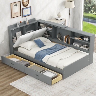 Platform Bed Flip Top Headboard Gray Storage Bed Frame Modern