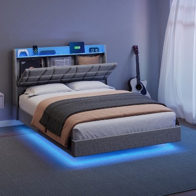 Platform Bed, Floating Base with Integrated LEDs and Charging