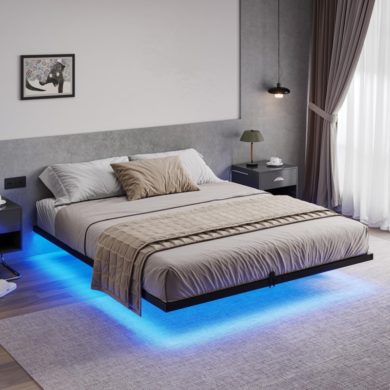 Platform Bed Floating Design Black Metal Blue LED Glow