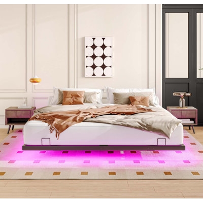 Platform Bed Floating Design Integrated LED Lighting Magenta Glow