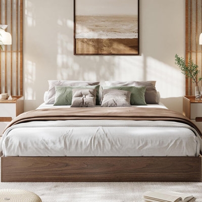 Platform Bed Floor Standing Wood Frame Japandi Bedroom Design