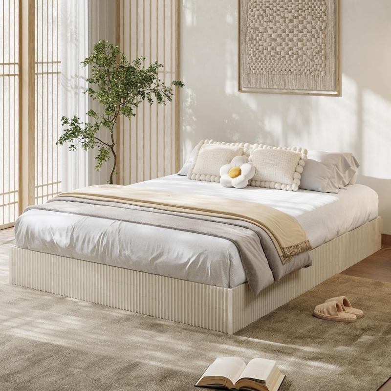 Platform Bed Fluted Base Cream Ribbed Bed Base Japandi Style Minimalist