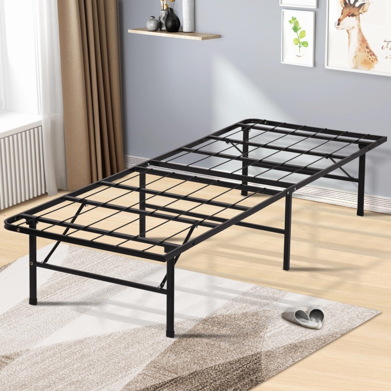 Platform Bed Frame Matte Black Metal Heavy Duty Slats Industrial Design