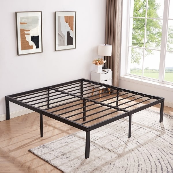 Platform Bed Frame Metal Linear Grid Slats Heavy Duty Support