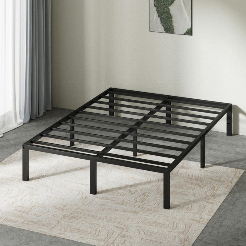 Platform Bed Frame Minimalist Matte Black Slatted Support Low Profile
