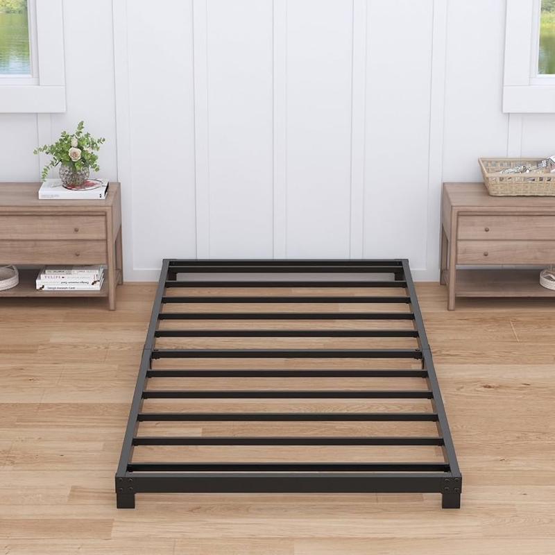 Platform Bed Frame Ultra Low Profile Black Metal Slat Support Base