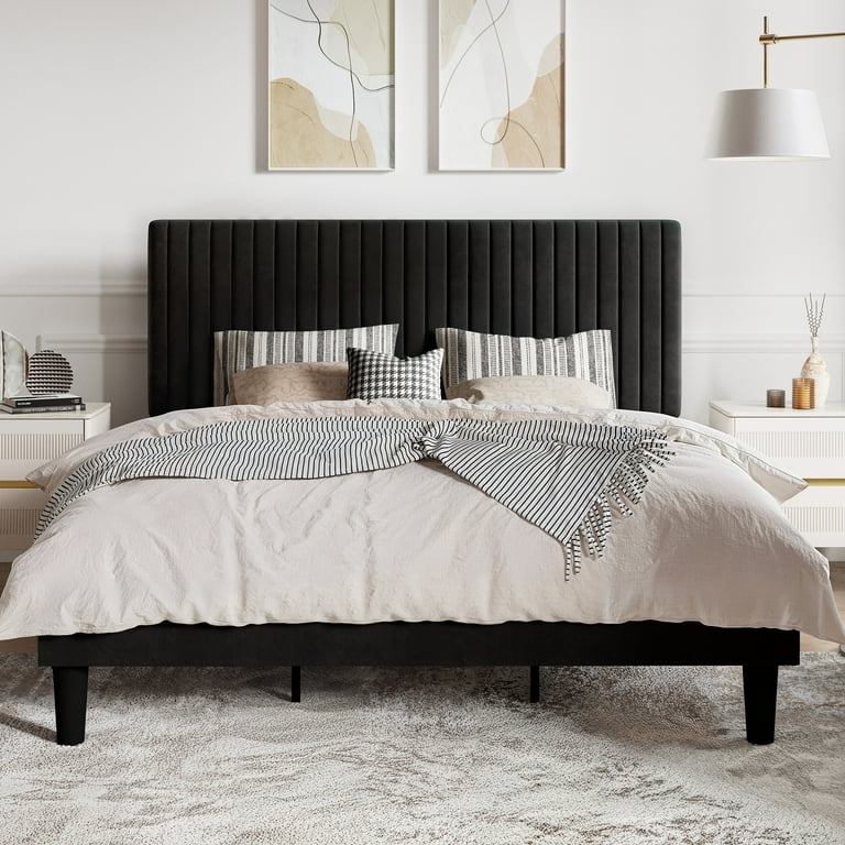 Platform Bed Frame Velvet Vertical Channel Tufting Transitional