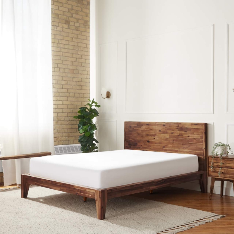 Platform Bed Frame with Variegated Wood Grain, Mid-Century Tapered Legs