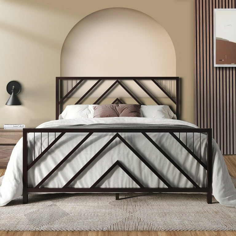 Platform Bed Geometric Chevron Slat Design Dark Brown Metal Frame