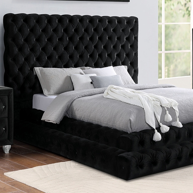 Platform Bed Glam Black Tufted Bed Oversized Diamond Headboard
