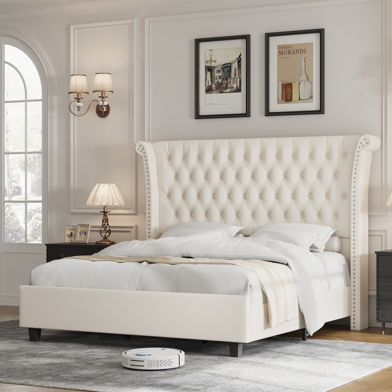 Platform Bed Glam King Tufted Wingback Headboard Nailhead Trim White