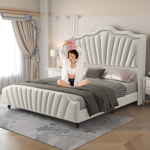 Platform Bed Glam Velvet Scalloped Wingback Headboard LED Glow