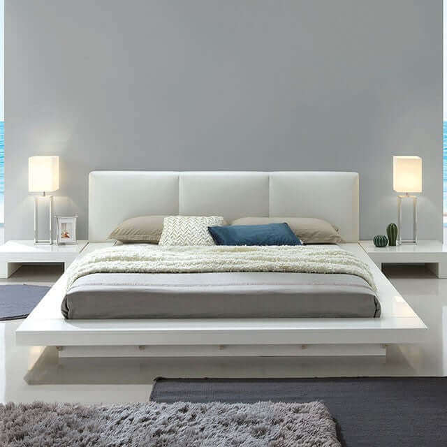 Platform Bed, Glossy Finish, Wide Base, Segmented Upholstered Headboard