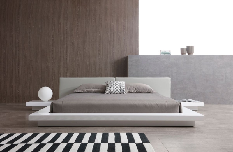 Platform Bed Glossy White Integrated Nightstands Wide Base