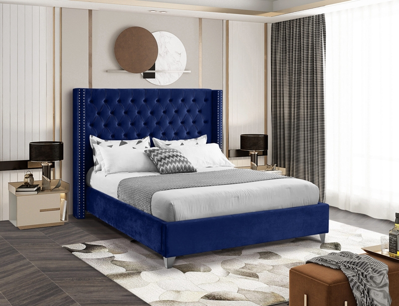 Platform Bed Gold Toned Metallic Legs Vertical Channel Tufting Velvet