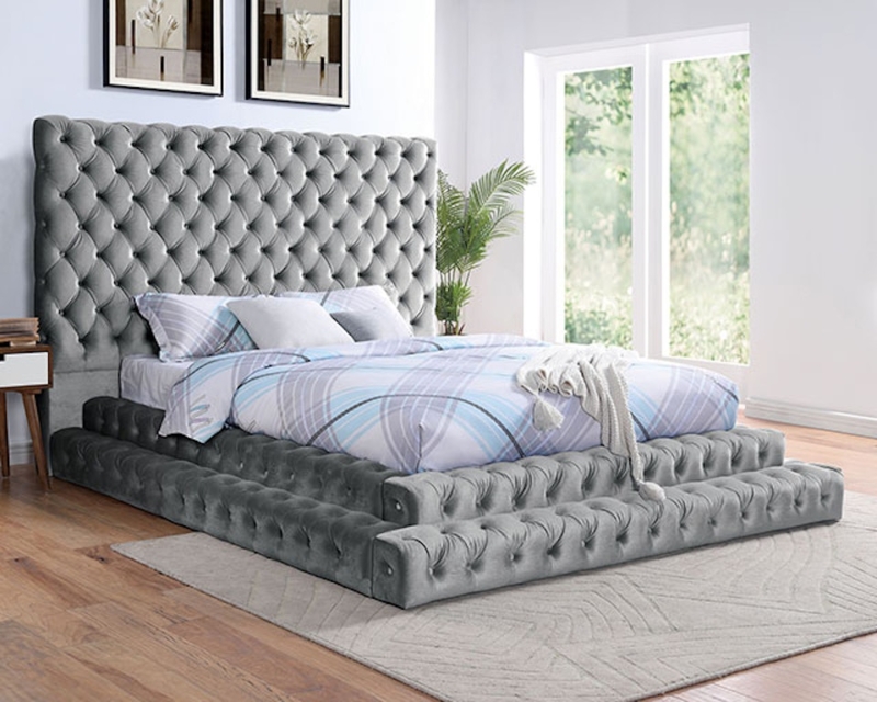 Platform Bed Gray Diamond Tufted Oversized Headboard Tiered Base