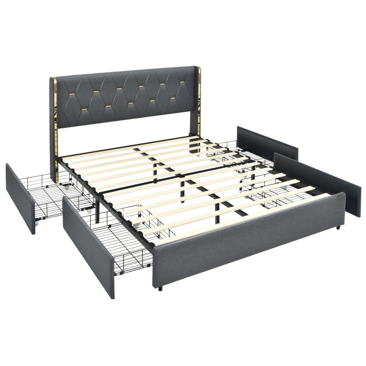 Platform Bed, Gray Diamond Tufted with Gold Accents