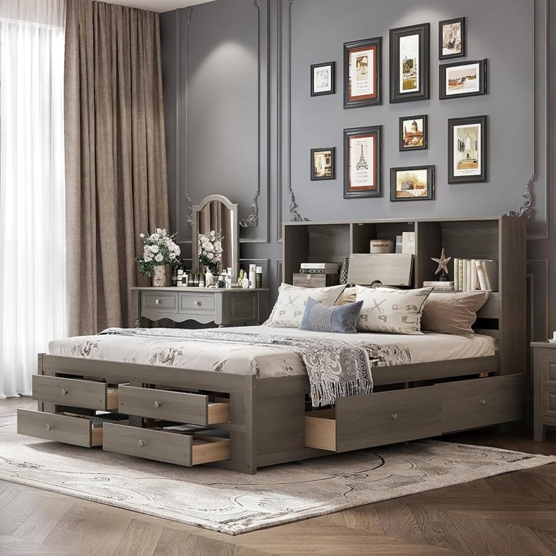 Platform Bed Gray King Bookcase Headboard Eight Storage Drawers